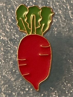 Red Root Vegetable Enamel Pin with Green Leaves